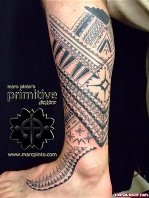 Grey Ink Polynesian Leg Tattoo