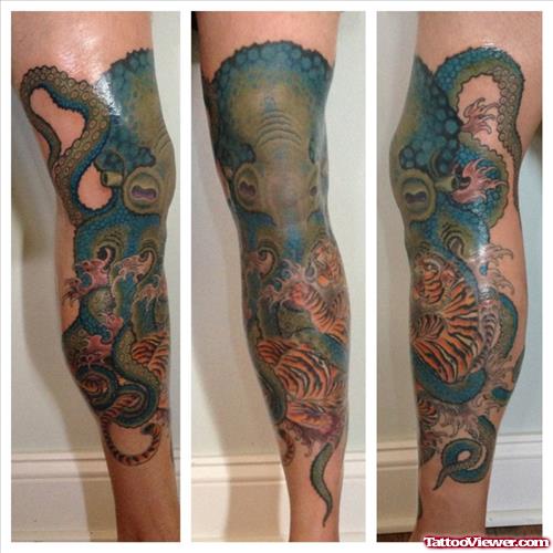 Colored Octopus And Tiger Leg Tattoo Design