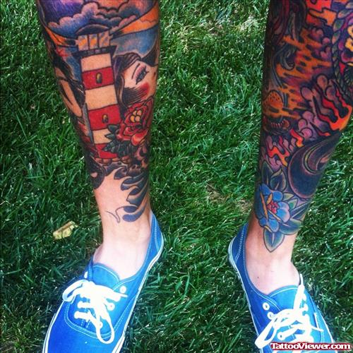 Colored Lighthouse Leg Tattoos