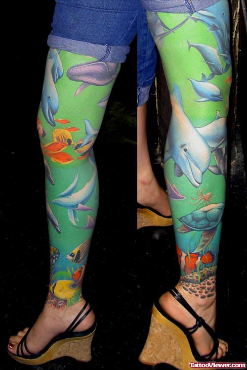 Colored Ink Sea Creatures Leg Tattoo