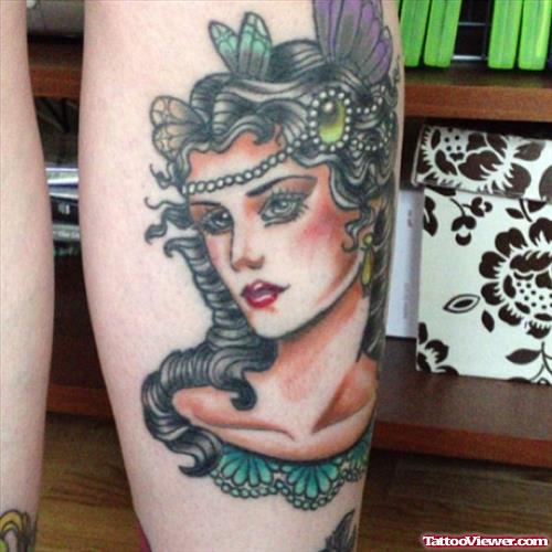Colored Ink Girl Head Leg Tattoo