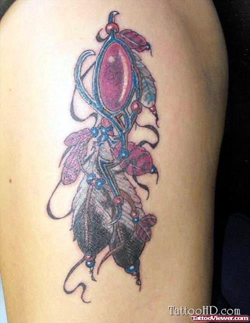 Colored Feathers Leg Tattoo
