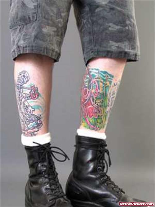 Colored Skeleton And Flowers Leg Tattoos