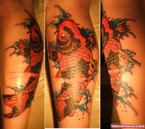 Colored Koi Fish Leg Tattoo