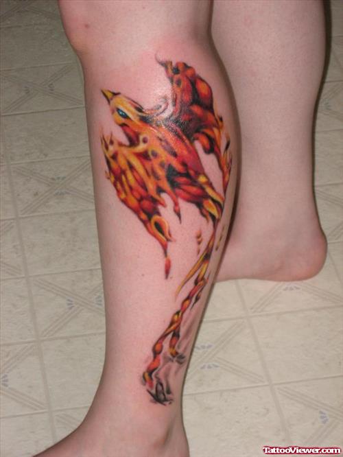 Colored Phoenix Left Leg Tattoo