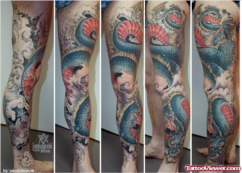 Colored Japanese Dragon Leg Tattoo