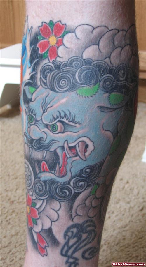 Colored Foo Dog Leg Tattoo