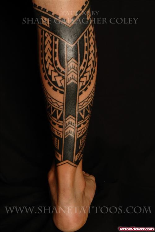 Black Ink Polynesian Leg Tattoo
