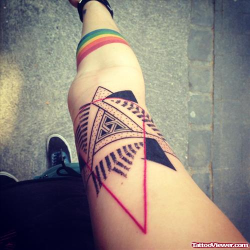 Black Ink Geometric Leg Tattoo For Girls