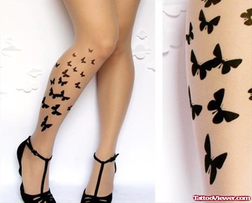 Black Butterflies Leg Tattoo