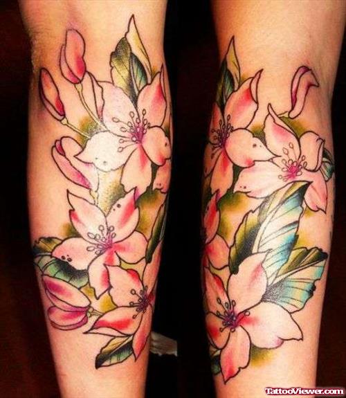 Awesome Pink Flowers Leg Tattoos