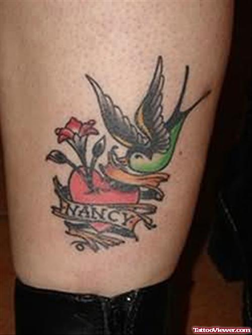 Heart And Bird Tattoo On Leg