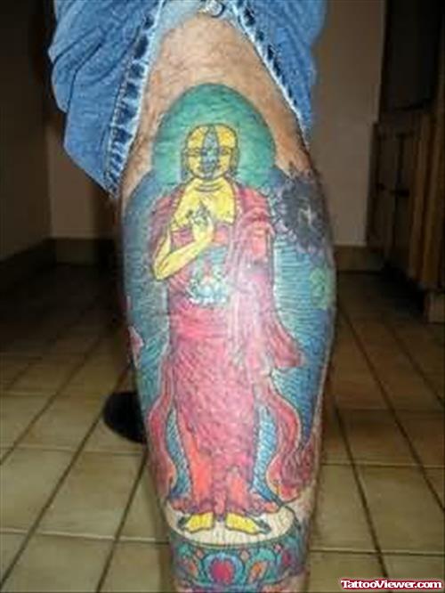 Lord Buddha Tattoo On Leg