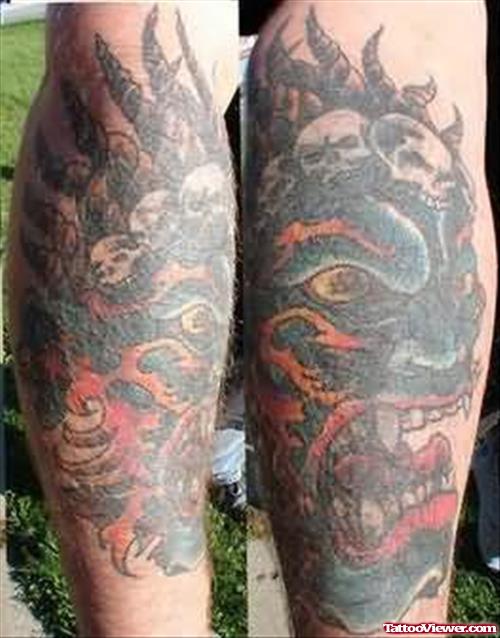 Angry Devil  Tattoo On Leg