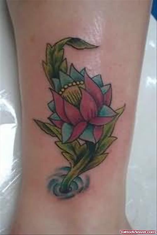 Colourful Lotus Tattoo On Leg