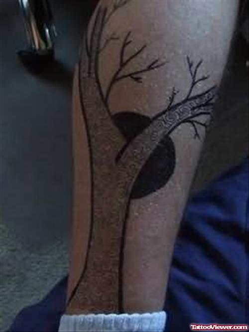 Moon And Tree Tattoo On Leg
