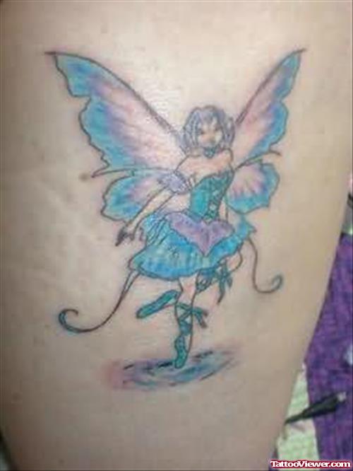 Fairy Coloured Tattoo On Leg