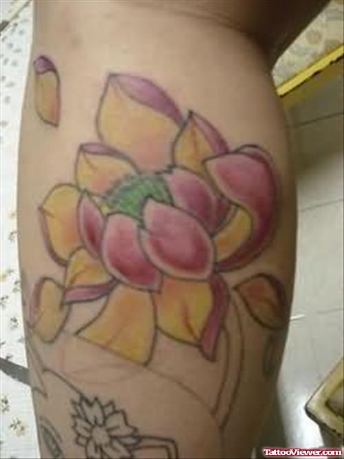 Lotus Colourful  Tattoo On Leg