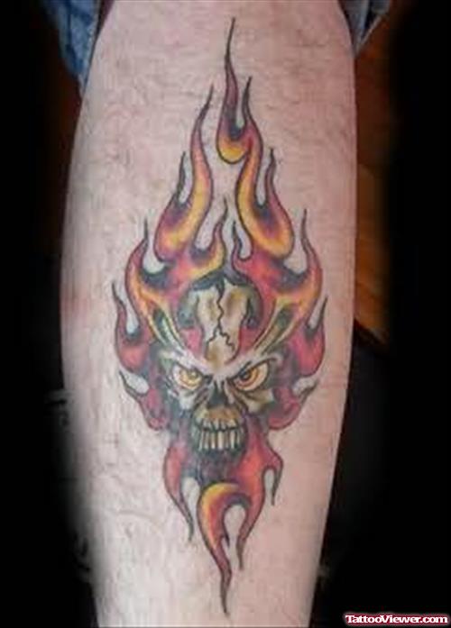 Fire Skull Tattoo On Leg
