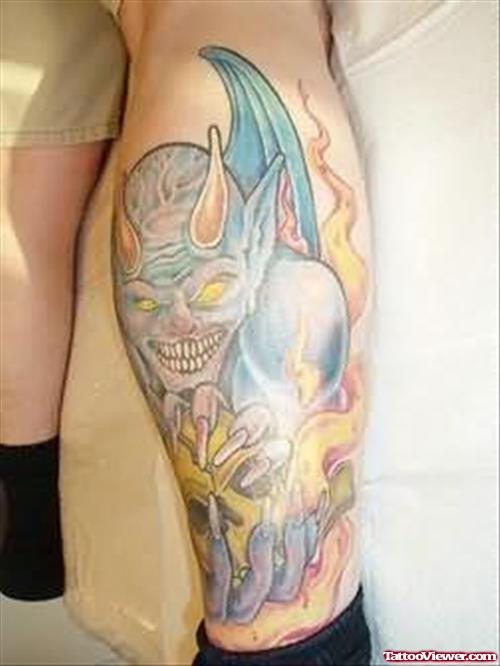 Devil And Flame Tattoo On Leg