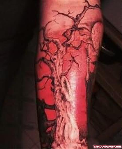 Scary Tree Tattoo On Leg