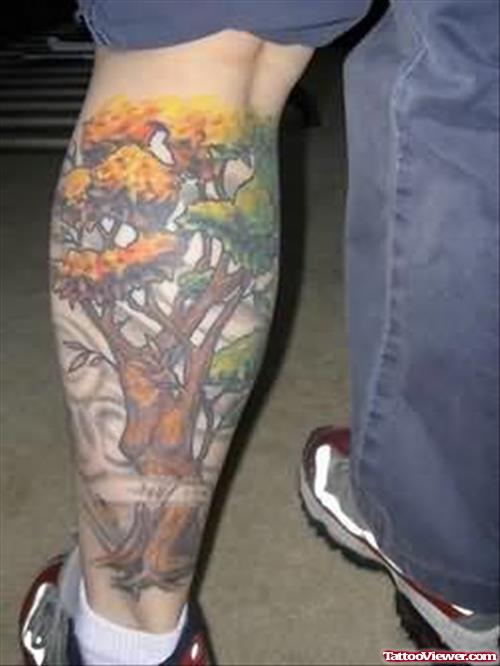 Big Tree Tattoo On Leg