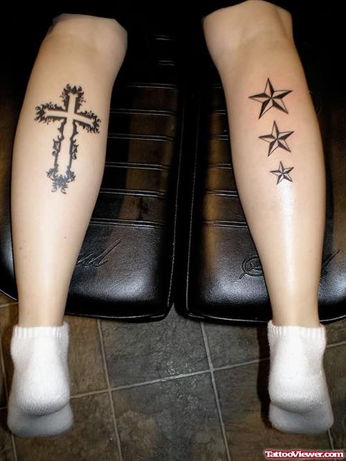 Cross And Star Tattoos On Leg