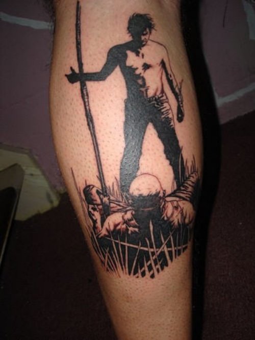 Grey Ink Man Tattoo On Leg
