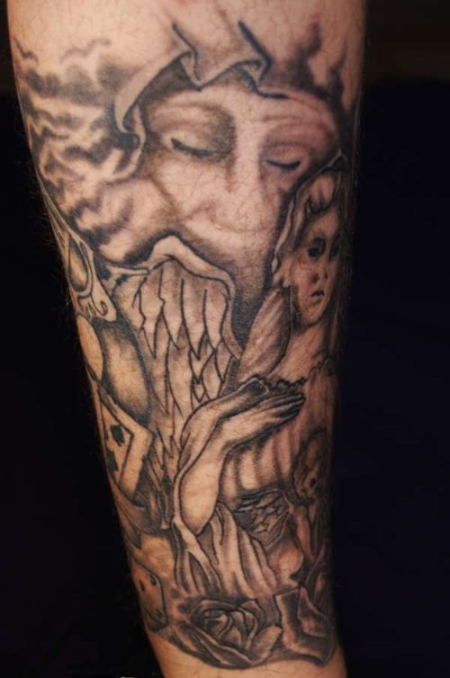 Grey Ink Ripped Skin Angel Leg Tattoo