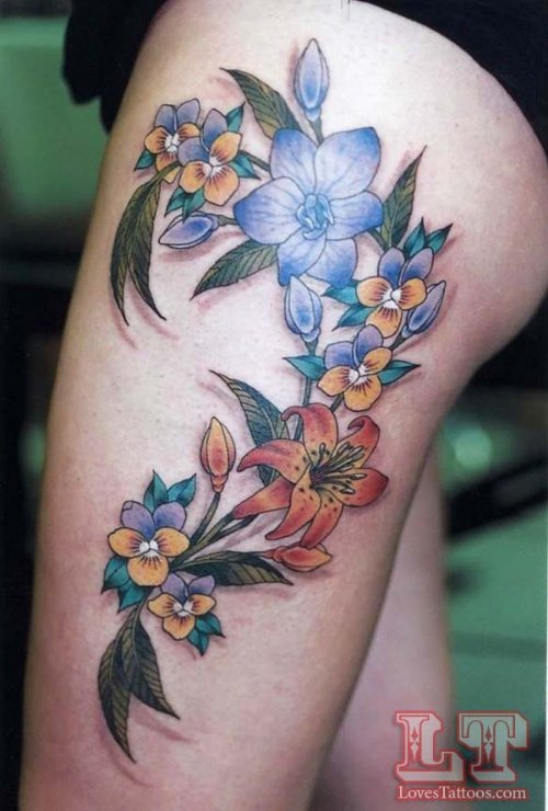 Blue Flower and Lily Flower Leg Tattoo