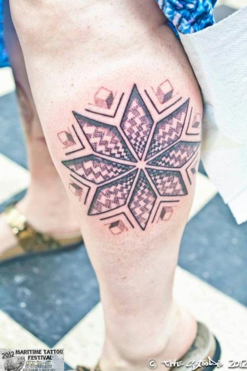 Grey Ink Flower Leg Tattoo For Girls