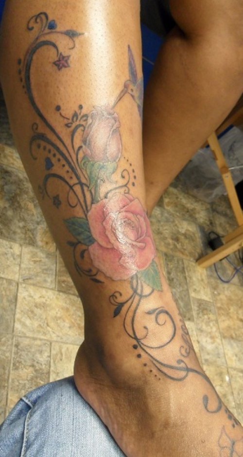 Pink Rose And Bud Leg Tattoo