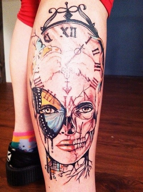 Cool Colored Clock And Girl Face Leg Tattoo