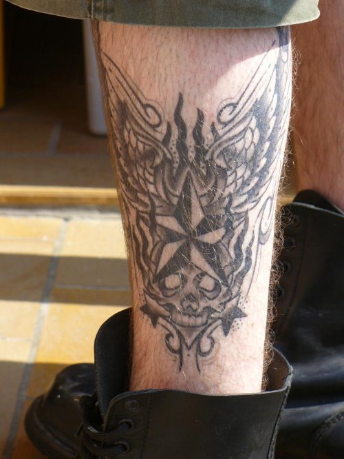 Winged Nautical Star Leg Tattoo