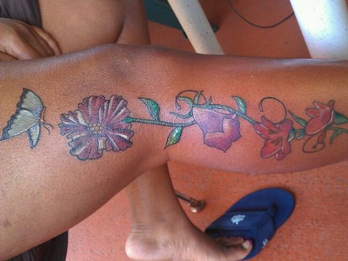Color Flowers Leg Tattoo