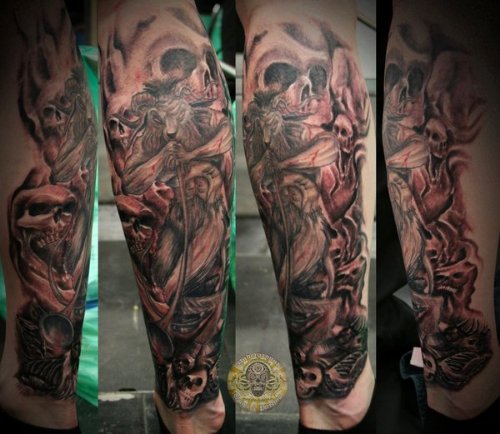 Dark Ink Skull And Goat Leg Tattoos