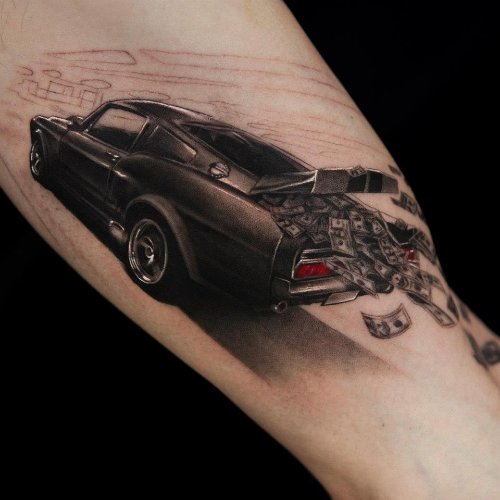 Black Car Full With Money Leg Tattoo