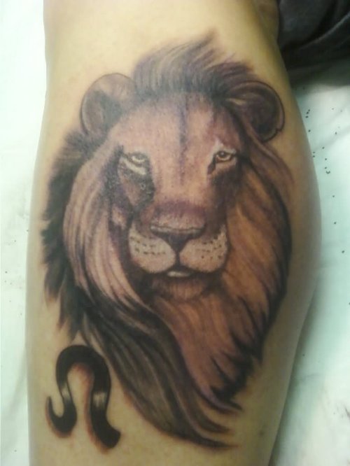 Grey Lion Head And Leo Symbol Tattoo