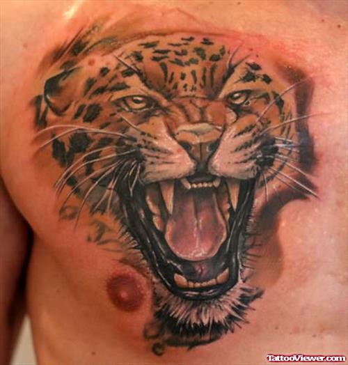 Leopard Roaring Head Tattoo On Chest