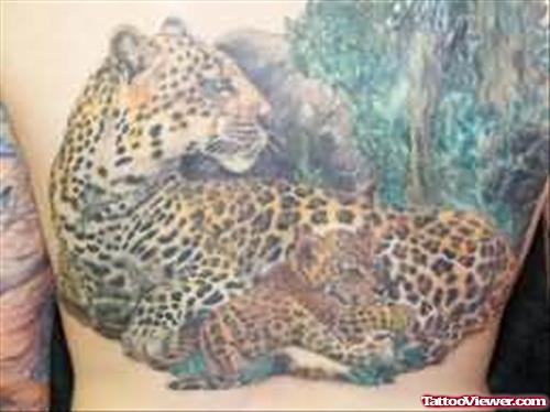 Mother Leopard And Her Cub Back Tattoo
