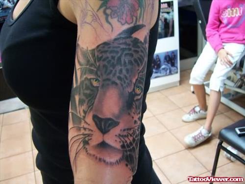 Leopard Head Tattoo On Muscles