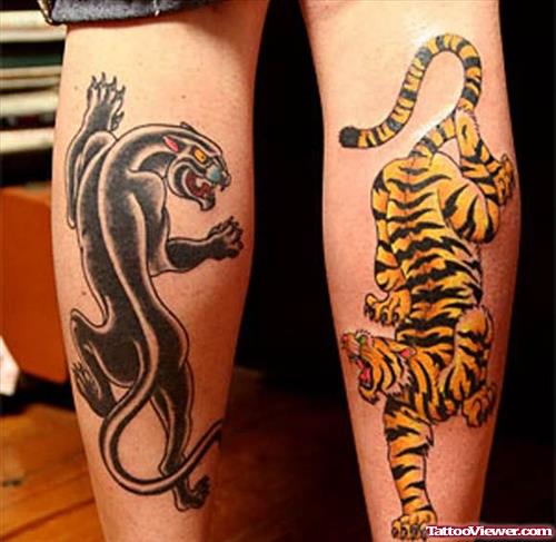 Leopard And Panther Tattoos On Leg