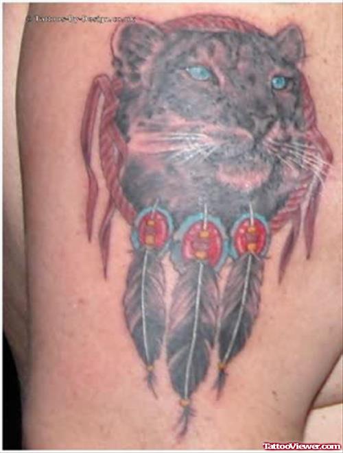 Black Leopard And Feather Tattoo