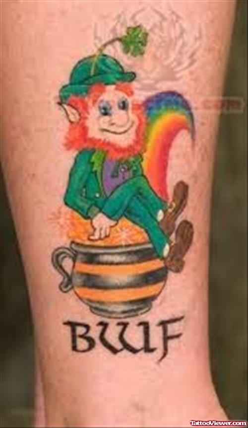 Leprechaun Sitting On Pot Tattoo