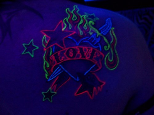 Love Banner And Flaming Heart Light Tattoo On Right Back Shoulder
