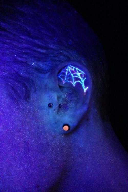 Spider Web Black Light Tattoo Inside Ear