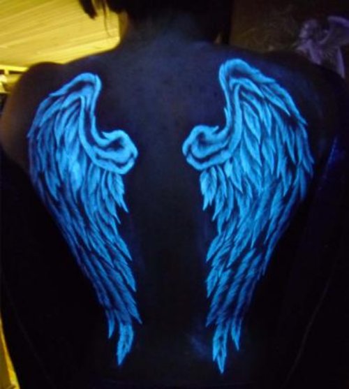 Blue Ink Light Wings Tattoo On Back