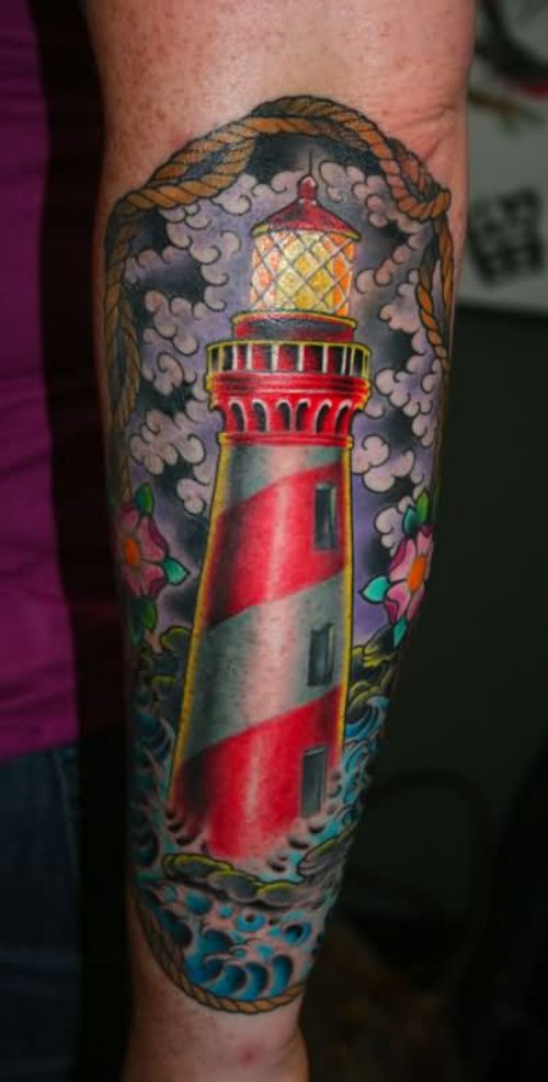 Best Left Leg Color Ink Lighthouse Tattoo