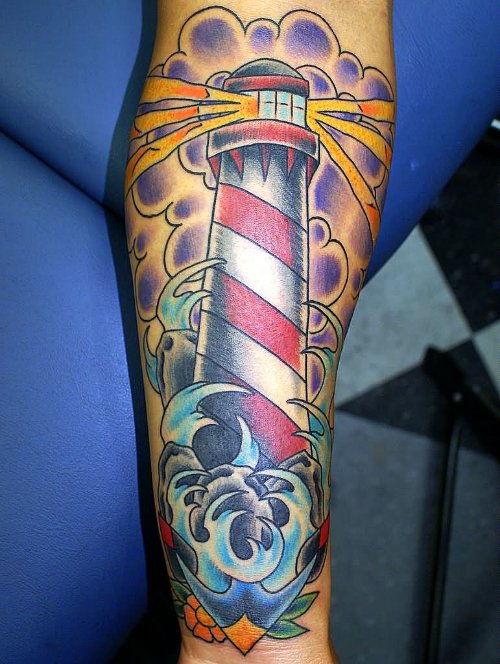 Color Ink Lighthouse Tattoo On Forearm