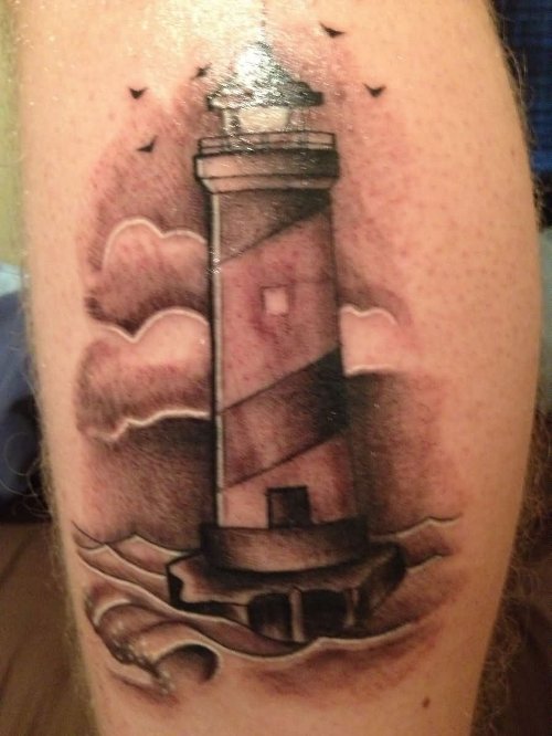 Flying Birds And Lighthouse Tattoo On Leg